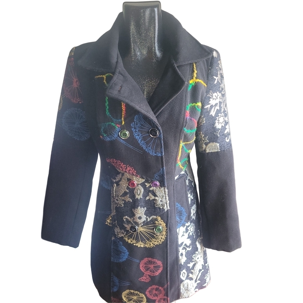 Goa Black Double Breasted Multi Colored Detail Mid-length Coat Size M - Picture 2 of 10